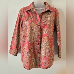 Ladies Chaps Button Down Shirt Sz Medium Colorful Paisley Euc 100% Cotton